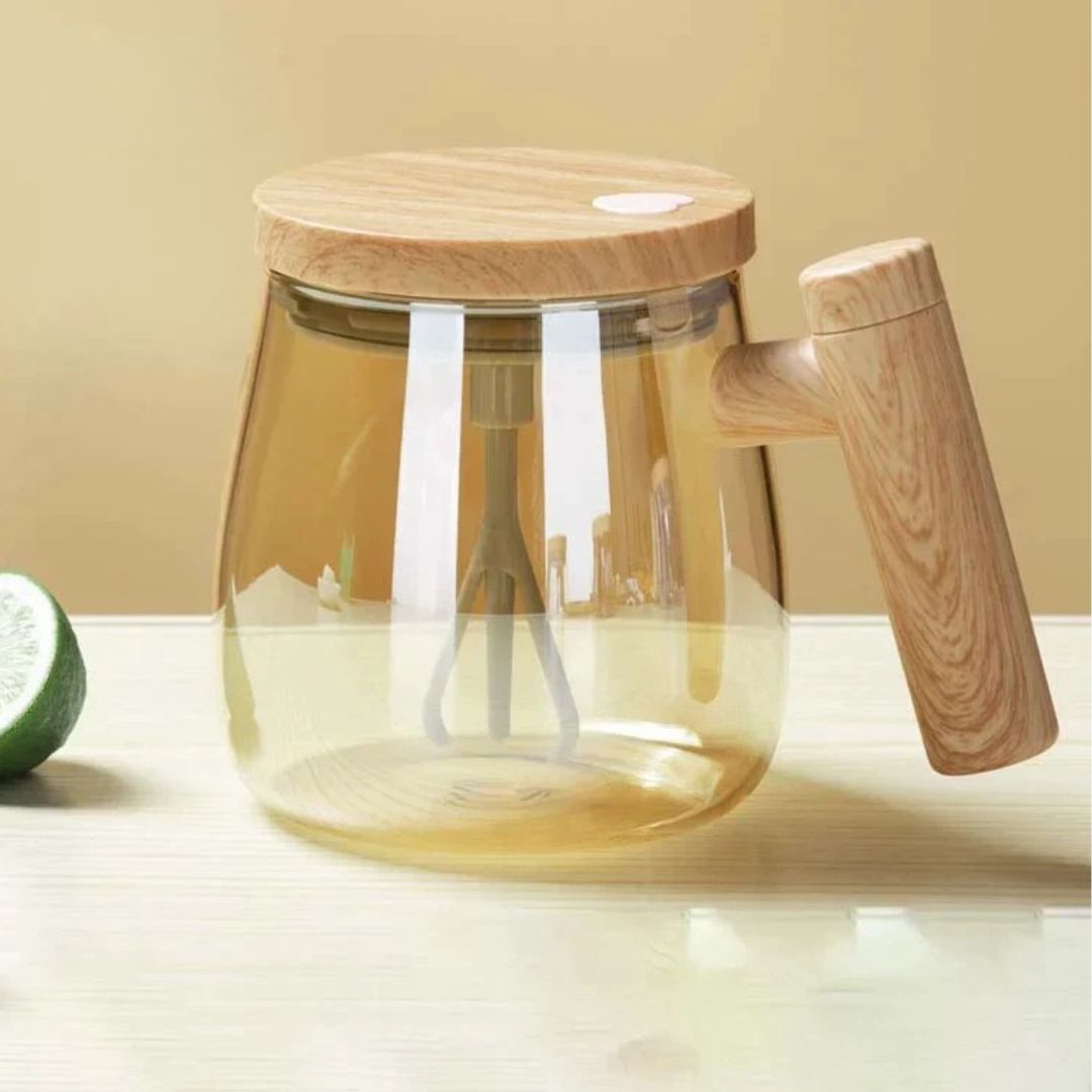 Self-Stirring Coffee and Tea Mug with Wooden Handle