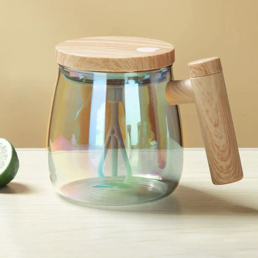 Self-Stirring Coffee and Tea Mug with Wooden Handle