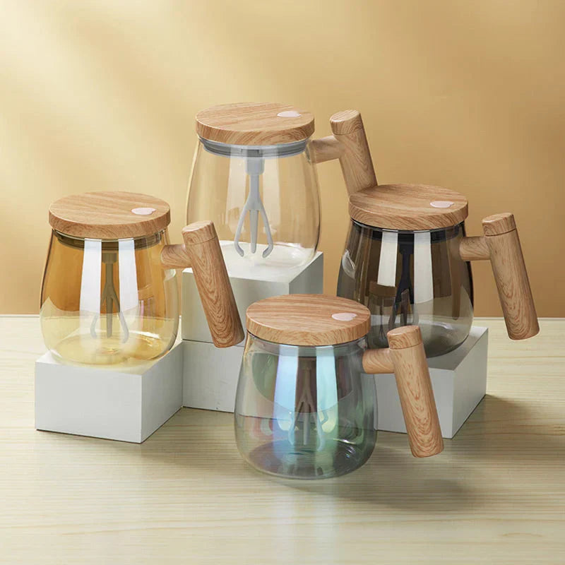 Self-Stirring Coffee and Tea Mug with Wooden Handle