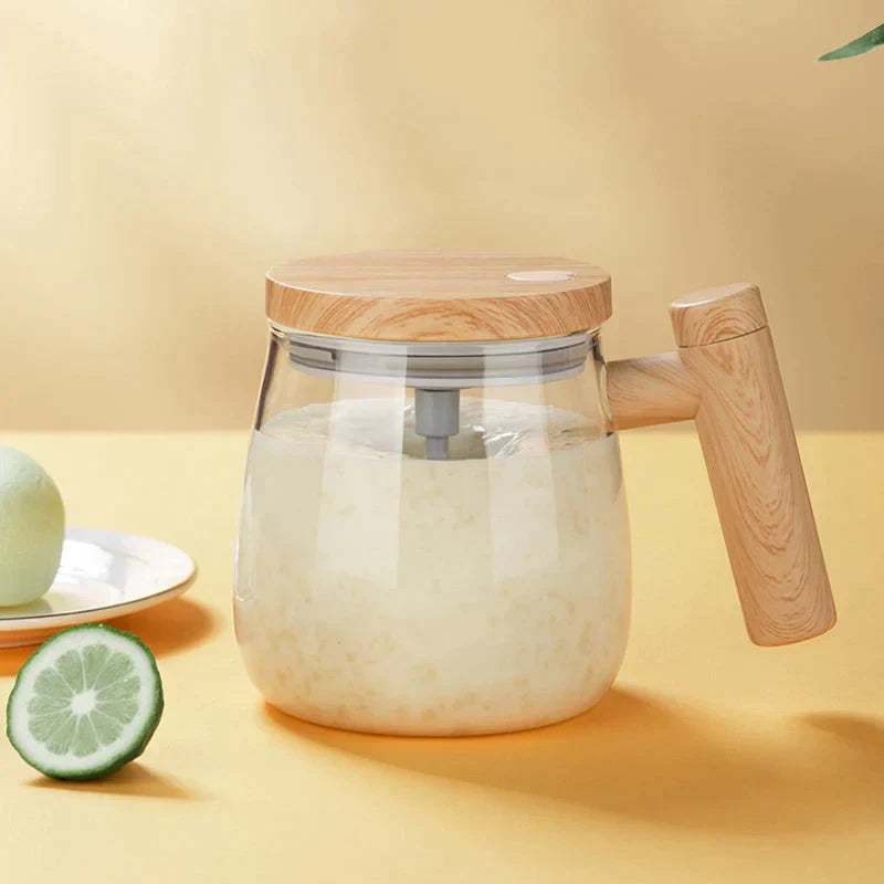 Self-Stirring Coffee and Tea Mug with Wooden Handle