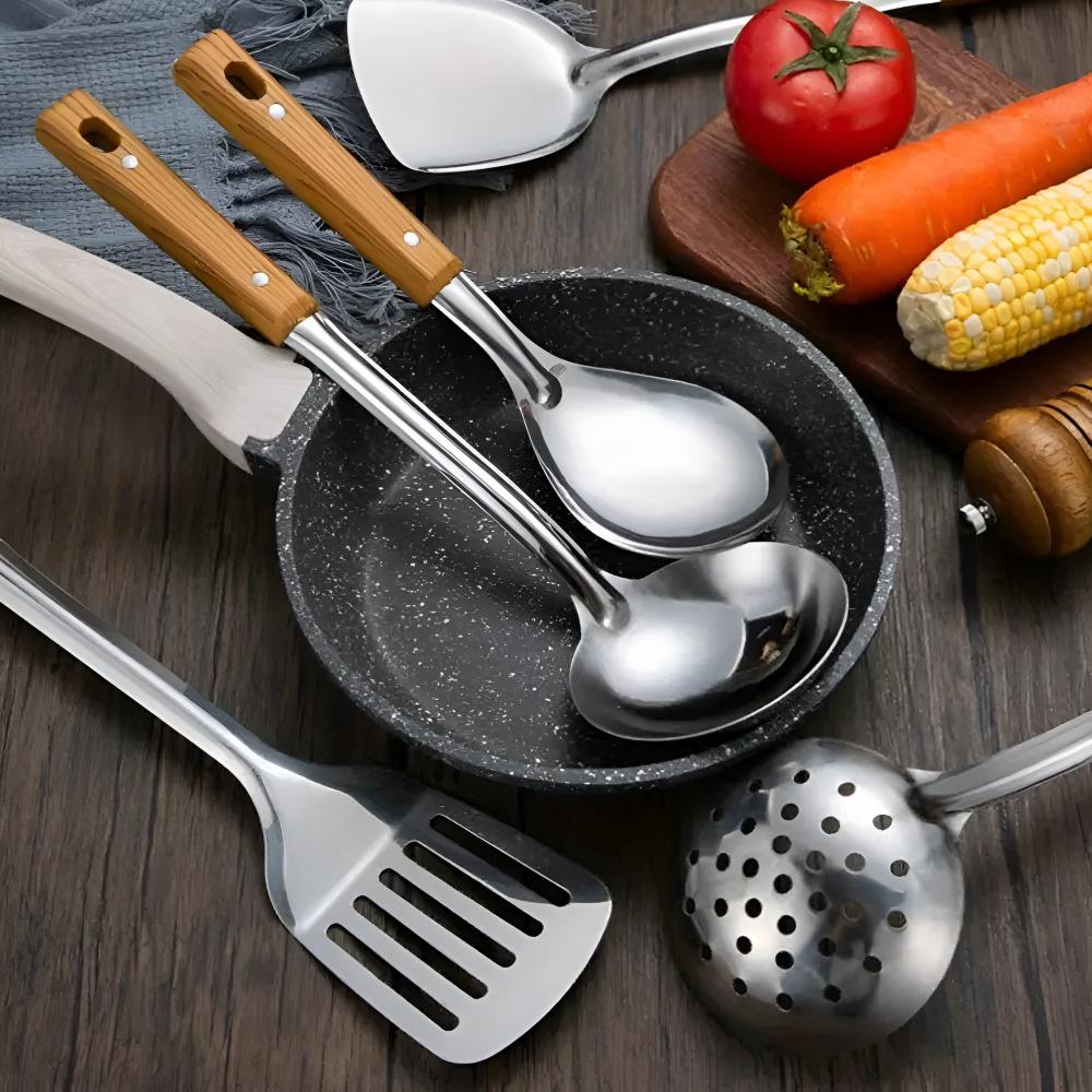 Essential Stainless Steel & Wood Utensil Set for Every Kitchen