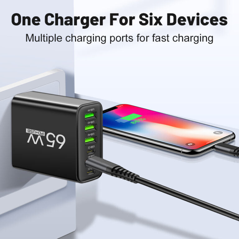 65W Multi-Device Rapid Charger – Power Up to 6 Gadgets Anywhere