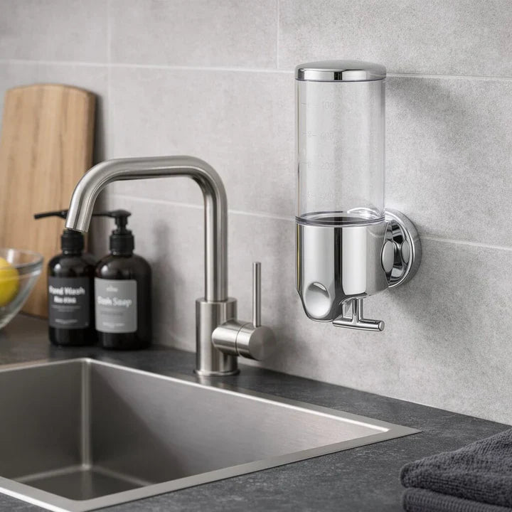 Wall-Mounted Soap Dispenser | Dish Soap Set | Sleek Black, Silver & Clear