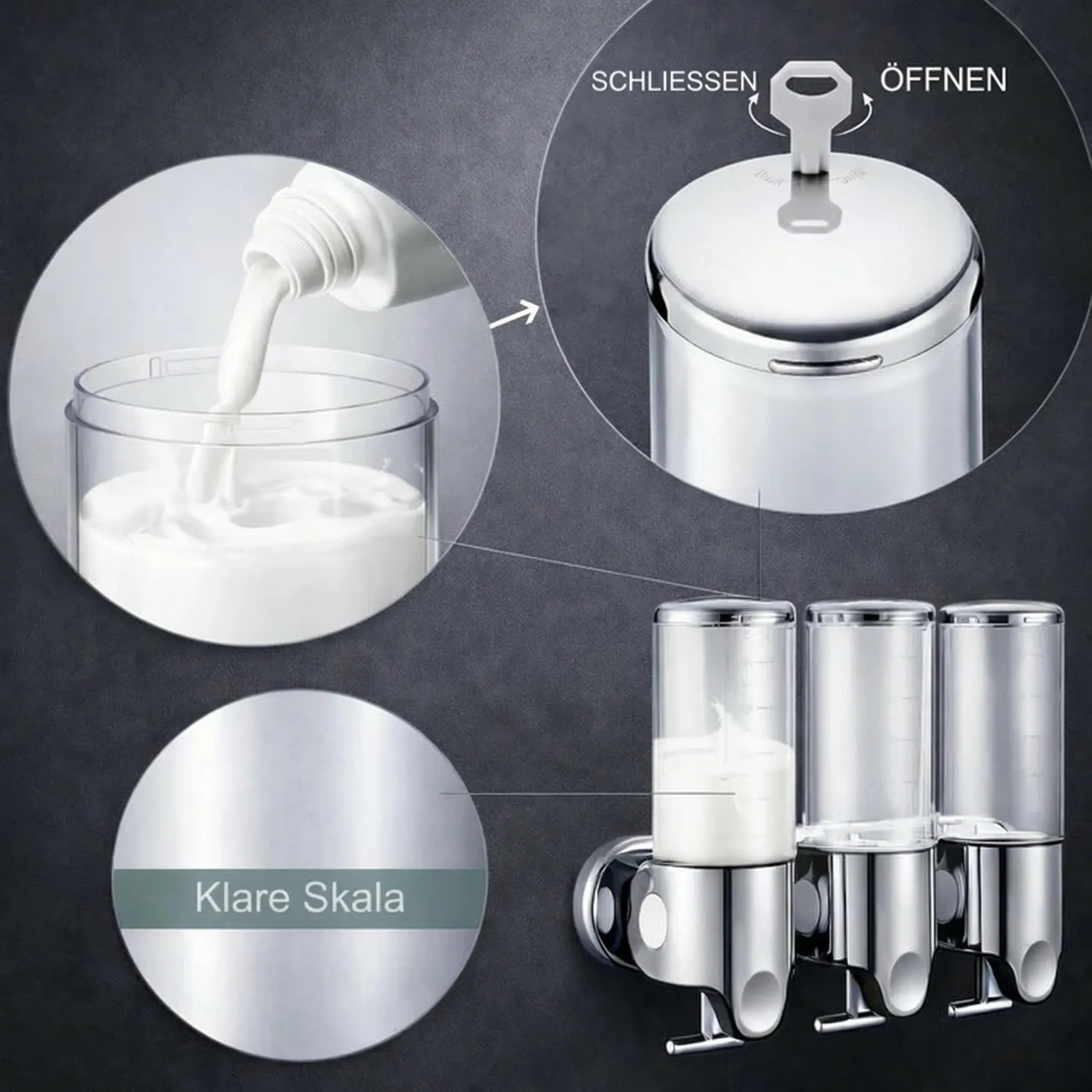 Wall-Mounted Soap Dispenser | Dish Soap Set | Sleek Black, Silver & Clear
