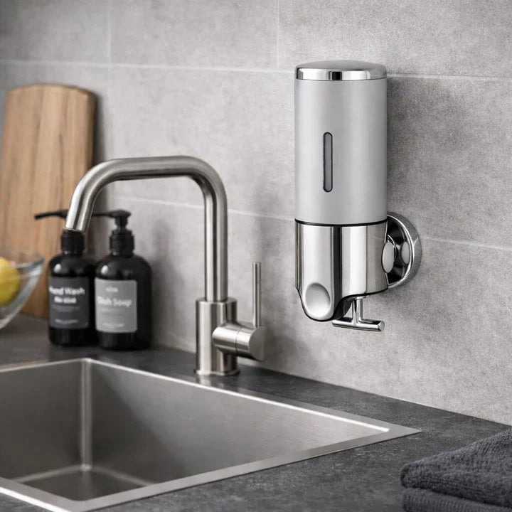 Wall-Mounted Soap Dispenser | Dish Soap Set | Sleek Black, Silver & Clear