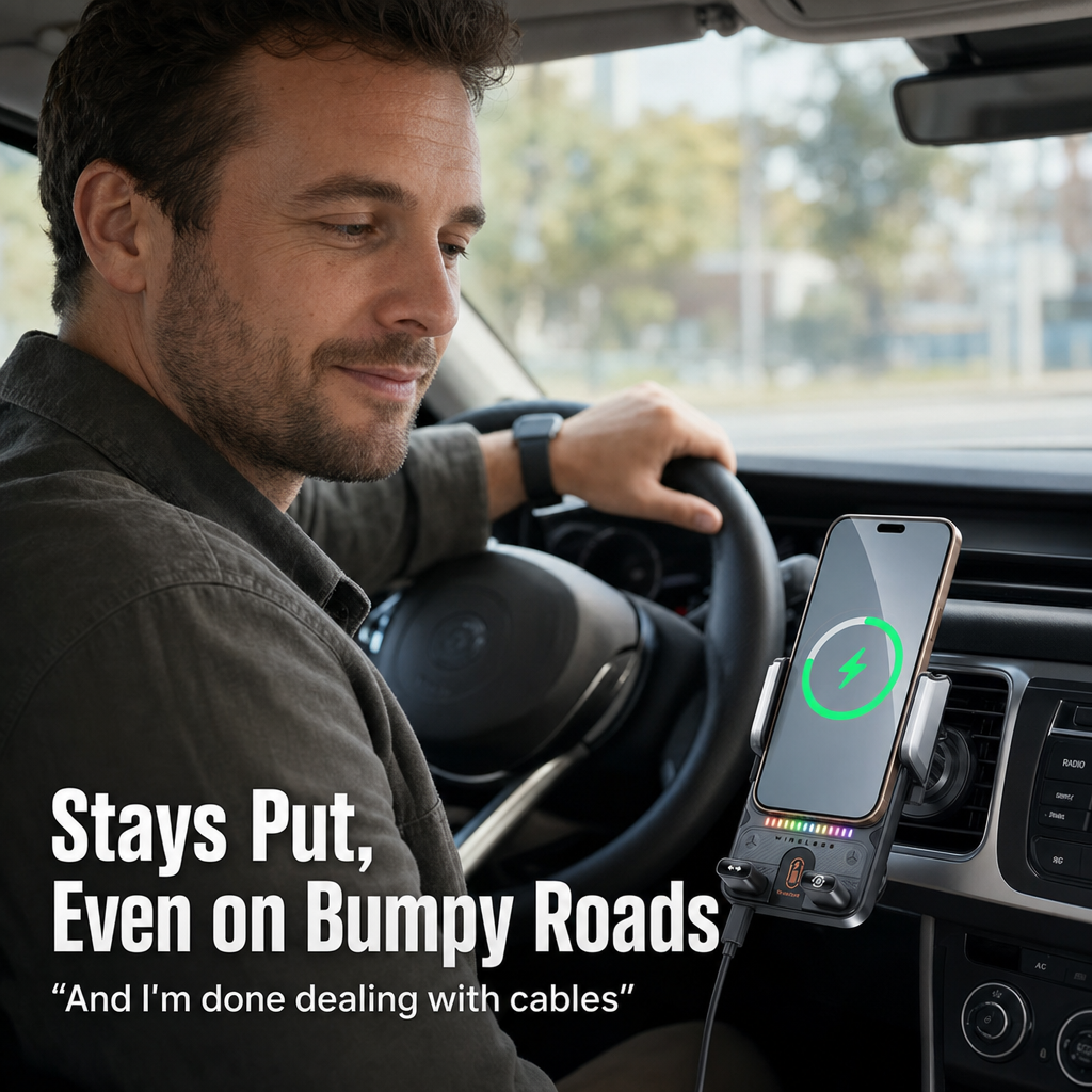 GripCharge™ — Auto-Clamp Your Phone and Charge It Wirelessly at 15W While You Drive