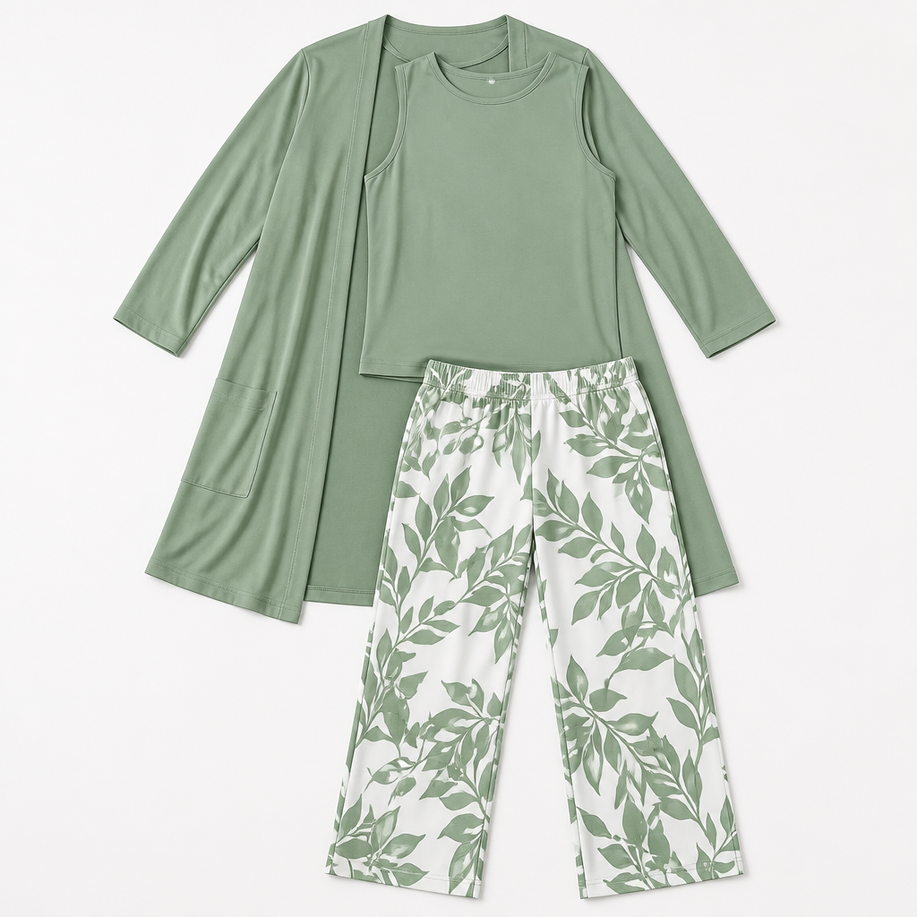 Margaret™ – Elegant Three-Piece Longline Cardigan, Shell & Straight-Leg Pant Set