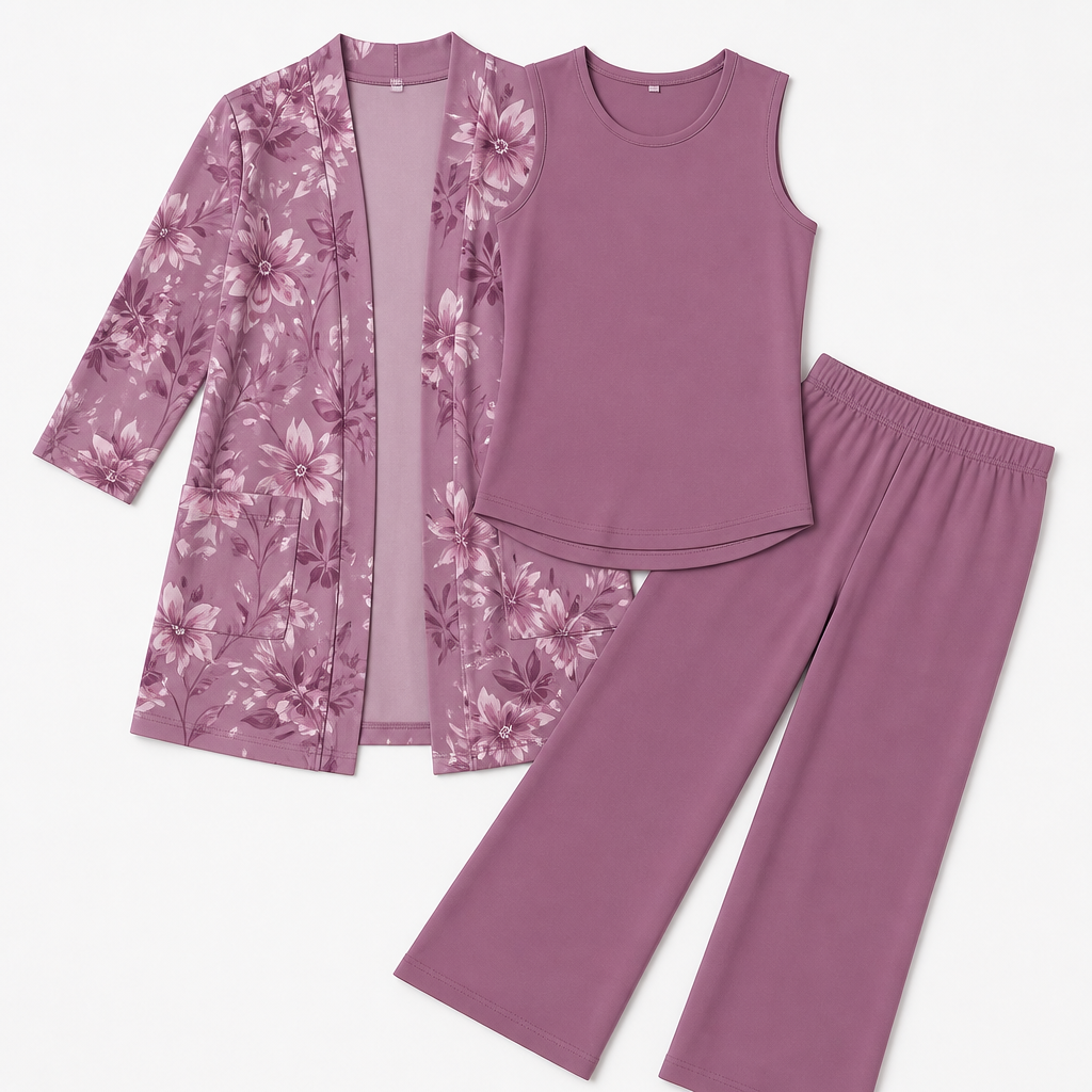 Margaret™ – Elegant Three-Piece Longline Cardigan, Shell & Straight-Leg Pant Set