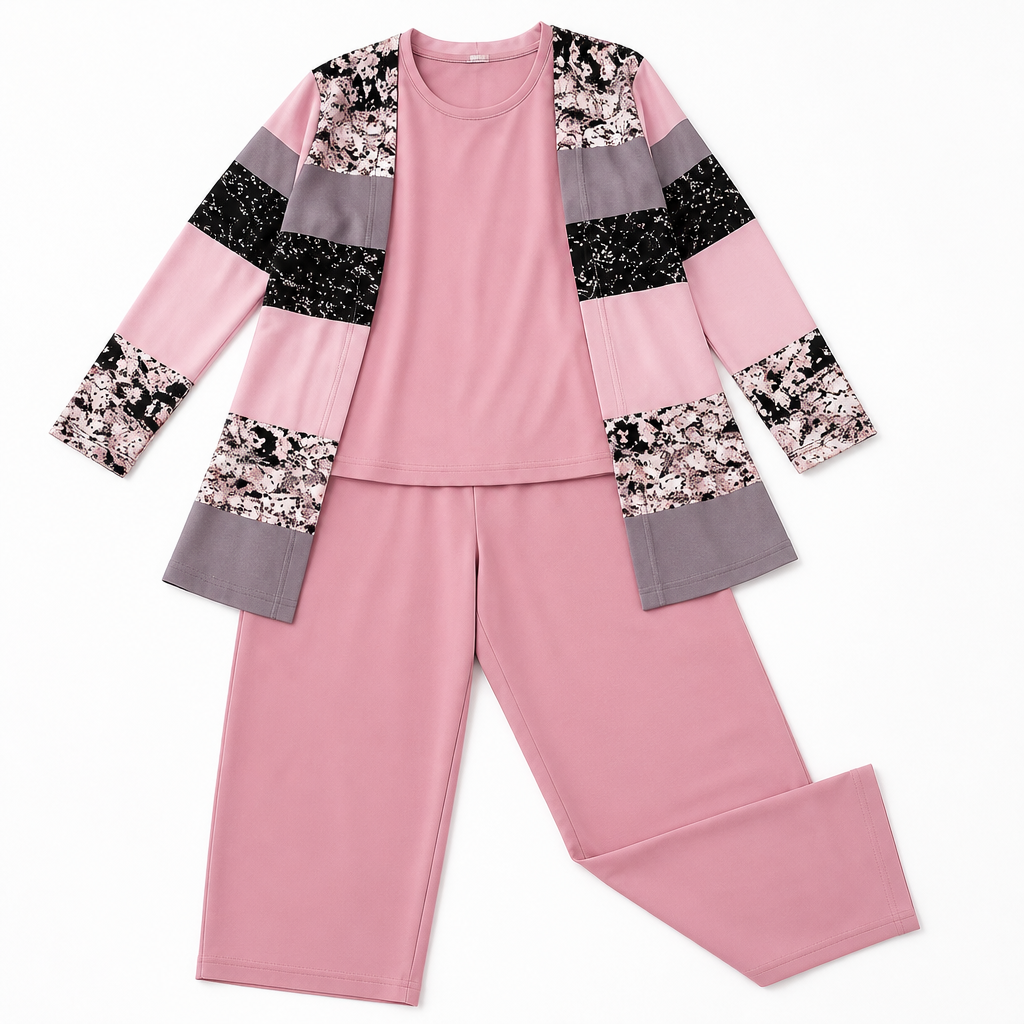 Margaret™ – Elegant Three-Piece Longline Cardigan, Shell & Straight-Leg Pant Set