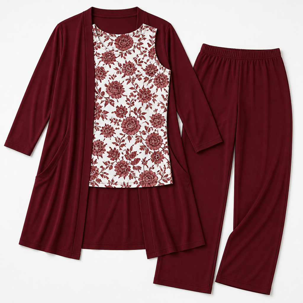 Margaret™ – Elegant Three-Piece Longline Cardigan, Shell & Straight-Leg Pant Set