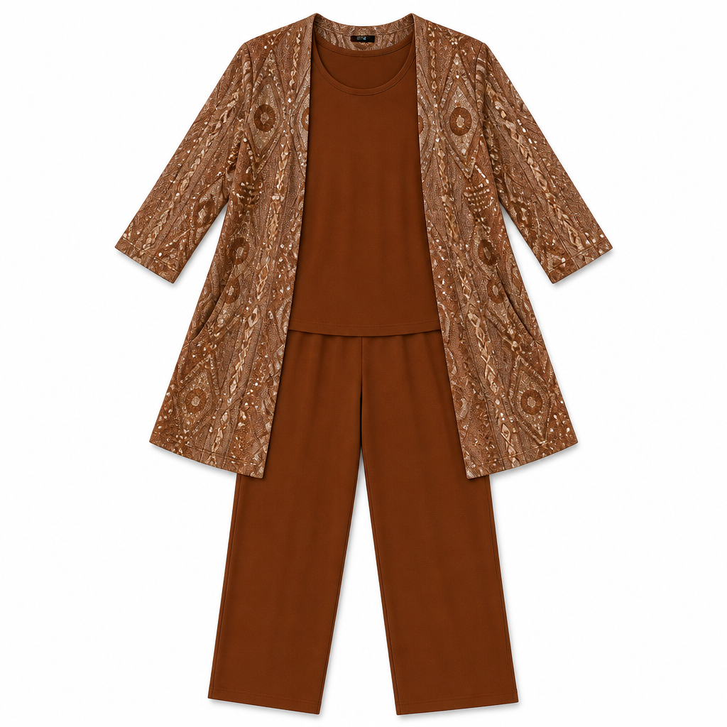 Margaret™ – Elegant Three-Piece Longline Cardigan, Shell & Straight-Leg Pant Set