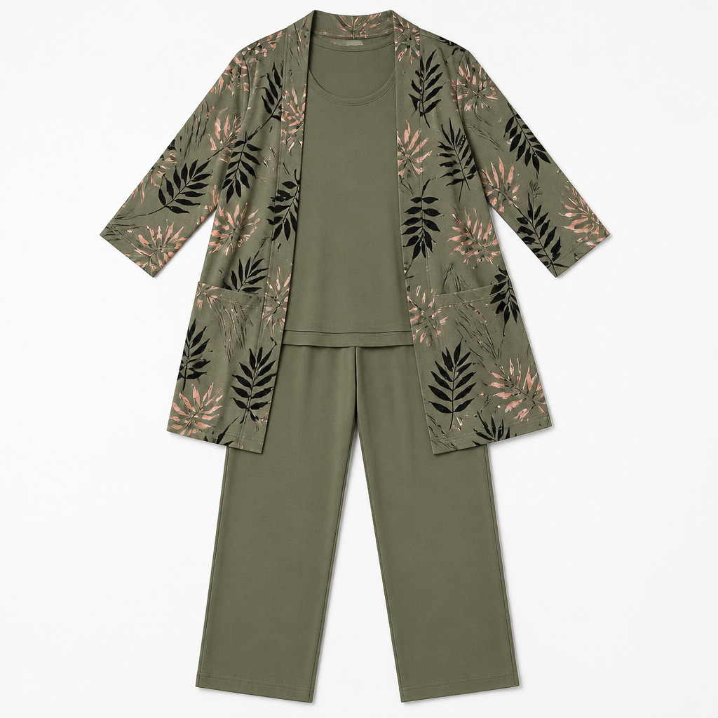 Margaret™ – Elegant Three-Piece Longline Cardigan, Shell & Straight-Leg Pant Set