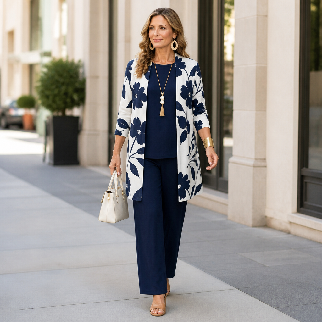 Margaret™ – Elegant Three-Piece Longline Cardigan, Shell & Straight-Leg Pant Set