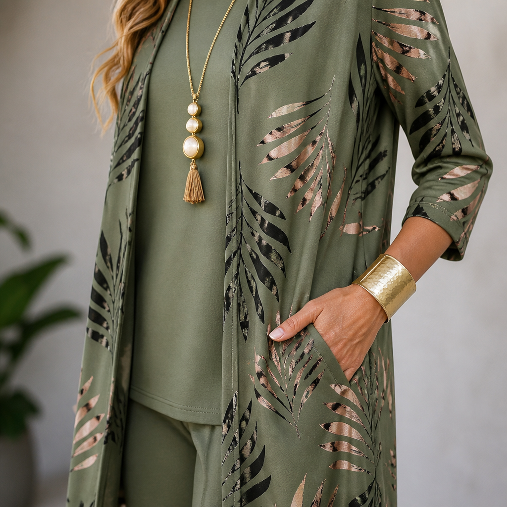 Margaret™ – Elegant Three-Piece Longline Cardigan, Shell & Straight-Leg Pant Set