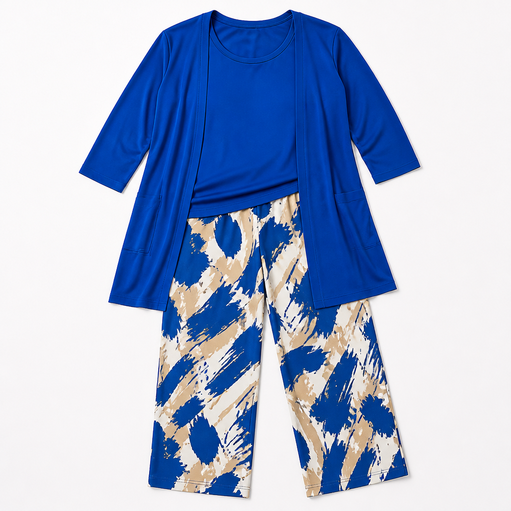 Margaret™ – Elegant Three-Piece Longline Cardigan, Shell & Straight-Leg Pant Set