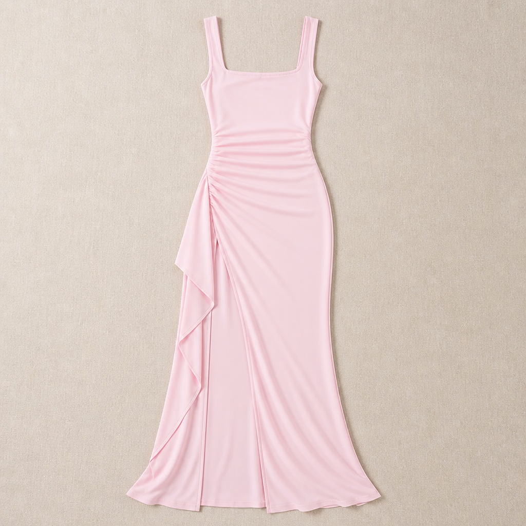 LuminaLuxe™ – Elegant Square-Neck Ruched Maxi Dress with High Thigh Slit