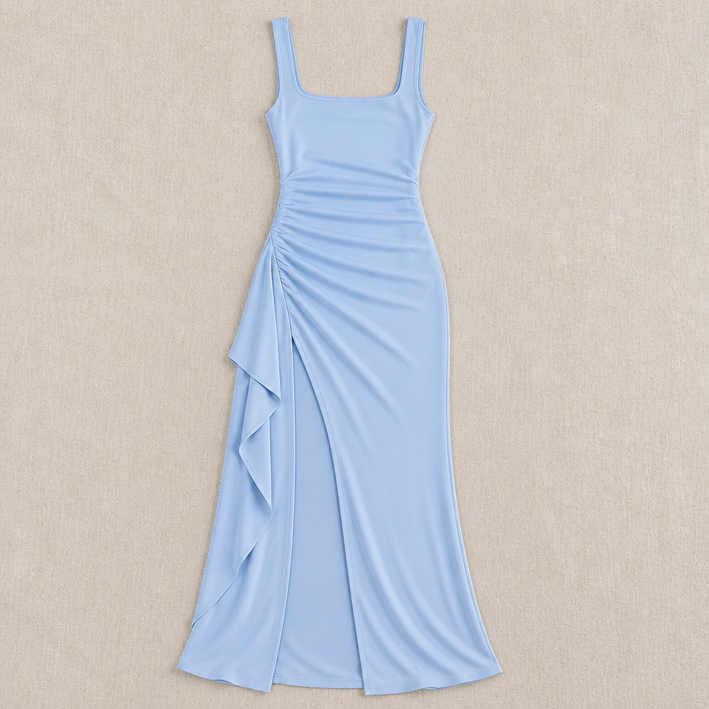 LuminaLuxe™ – Elegant Square-Neck Ruched Maxi Dress with High Thigh Slit