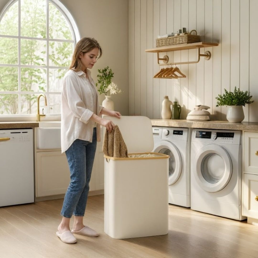 Stylish Laundry Organizer with Lid | 3-Compartment Collection Basket in Neutral Tones