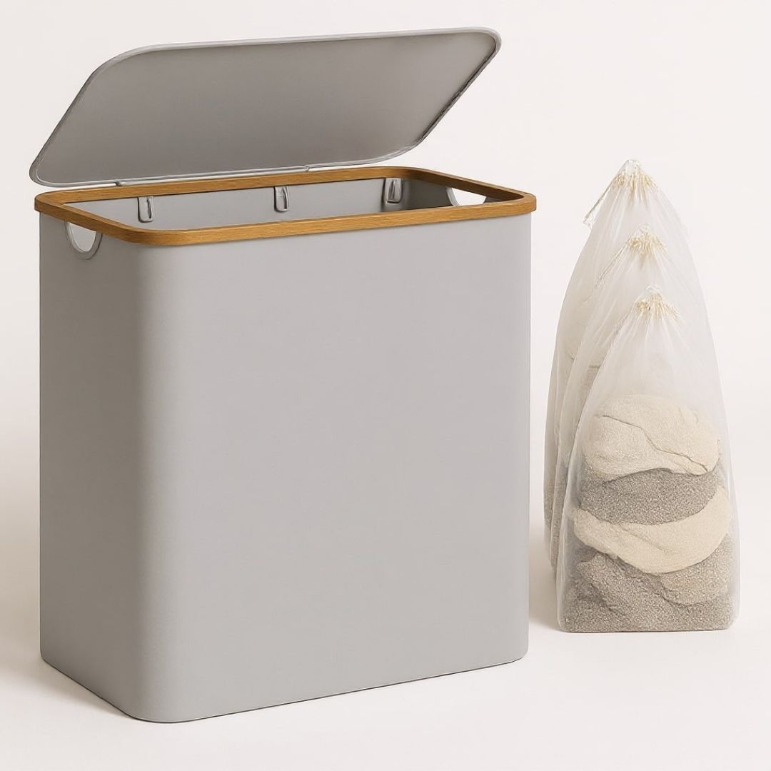 Stylish Laundry Organizer with Lid | 3-Compartment Collection Basket in Neutral Tones