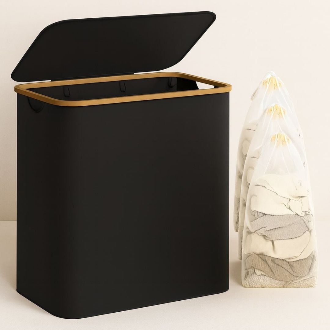 Stylish Laundry Organizer with Lid | 3-Compartment Collection Basket in Neutral Tones