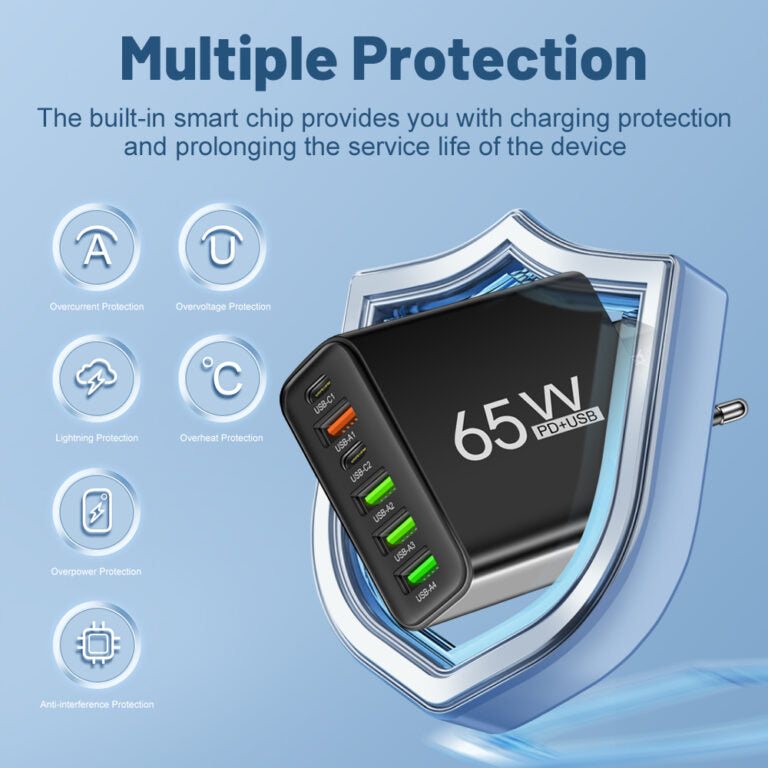 65W Multi-Device Rapid Charger – Power Up to 6 Gadgets Anywhere