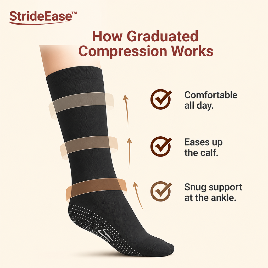 StrideEase™ — Beat the End-of-Shift Foot Ache with All-Day Graduated Compression